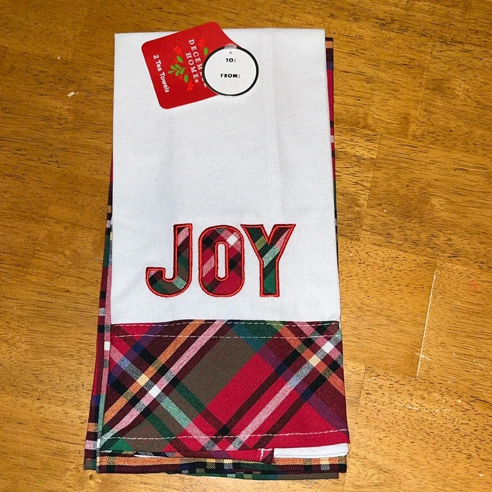 December Home 2 Pack Tea Towels Joy Plaid White 16” by 26” 100% Cotton